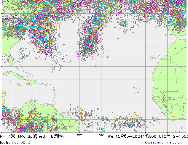 Humidité rel. 700 hPa Spaghetti ECMWF mer 15.05.2024 18 UTC