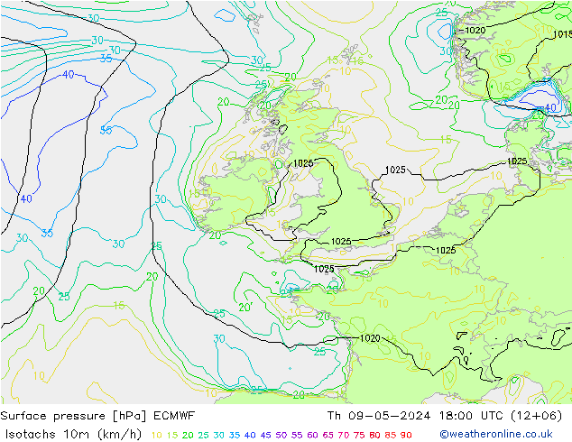 Isotachs (kph) ECMWF Čt 09.05.2024 18 UTC