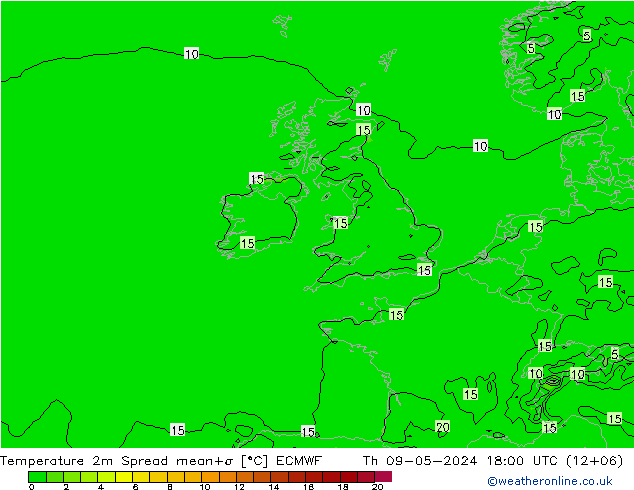 température 2m Spread ECMWF jeu 09.05.2024 18 UTC