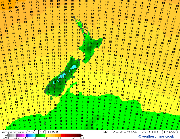 Temperature (2m) ECMWF Mo 13.05.2024 12 UTC