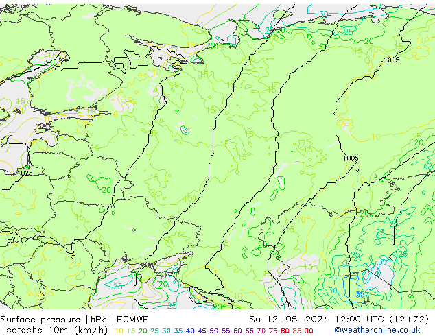 Isotachs (kph) ECMWF dim 12.05.2024 12 UTC