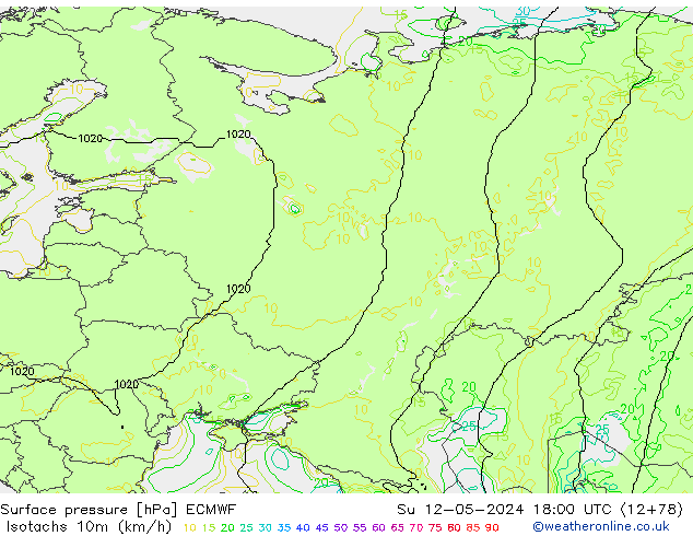 Isotachs (kph) ECMWF Ne 12.05.2024 18 UTC