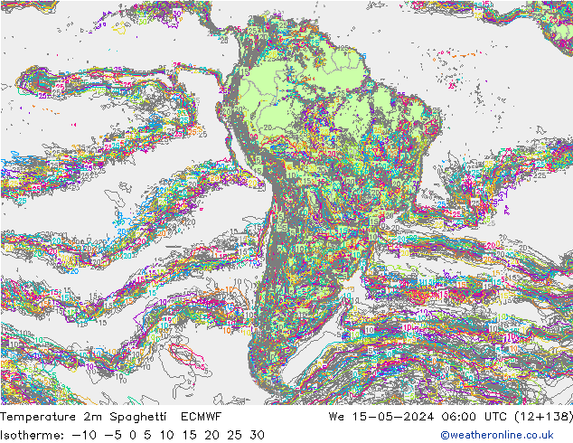 Temperatura 2m Spaghetti ECMWF mer 15.05.2024 06 UTC