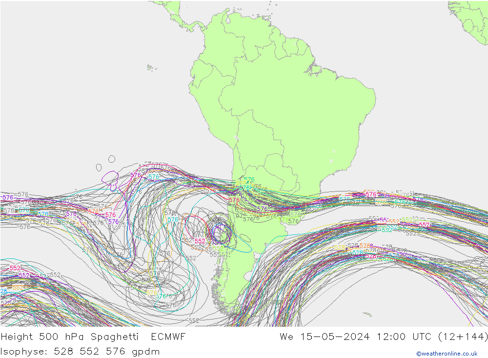 Height 500 hPa Spaghetti ECMWF mer 15.05.2024 12 UTC