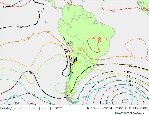 Height/Temp. 850 hPa ECMWF czw. 16.05.2024 12 UTC