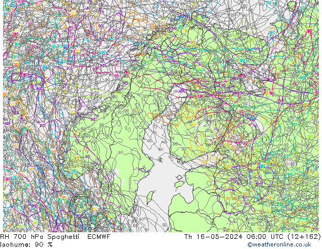 Humidité rel. 700 hPa Spaghetti ECMWF jeu 16.05.2024 06 UTC