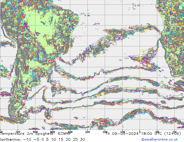 Temperature 2m Spaghetti ECMWF Th 09.05.2024 18 UTC