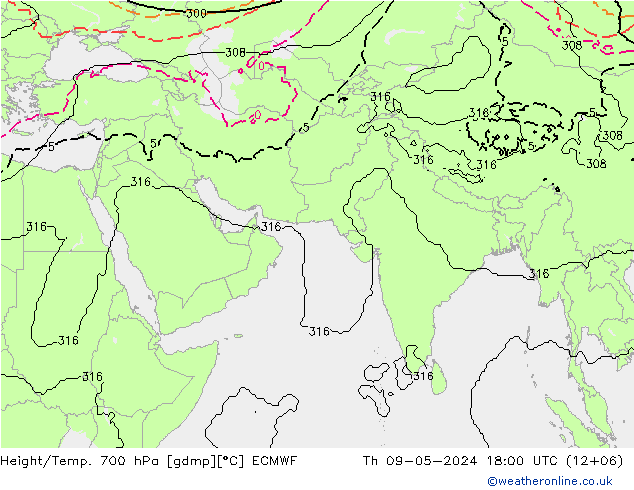 Height/Temp. 700 hPa ECMWF Čt 09.05.2024 18 UTC
