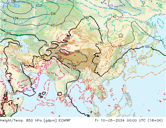 Hoogte/Temp. 850 hPa ECMWF vr 10.05.2024 00 UTC