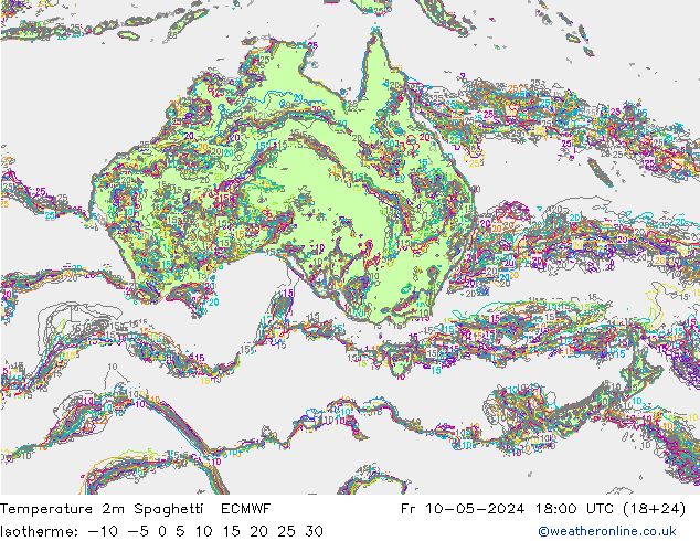 Temperature 2m Spaghetti ECMWF Fr 10.05.2024 18 UTC