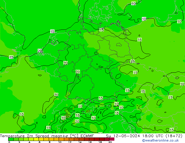 Temperatura 2m Spread ECMWF dom 12.05.2024 18 UTC