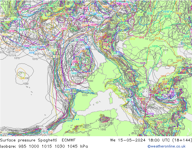 Bodendruck Spaghetti ECMWF Mi 15.05.2024 18 UTC