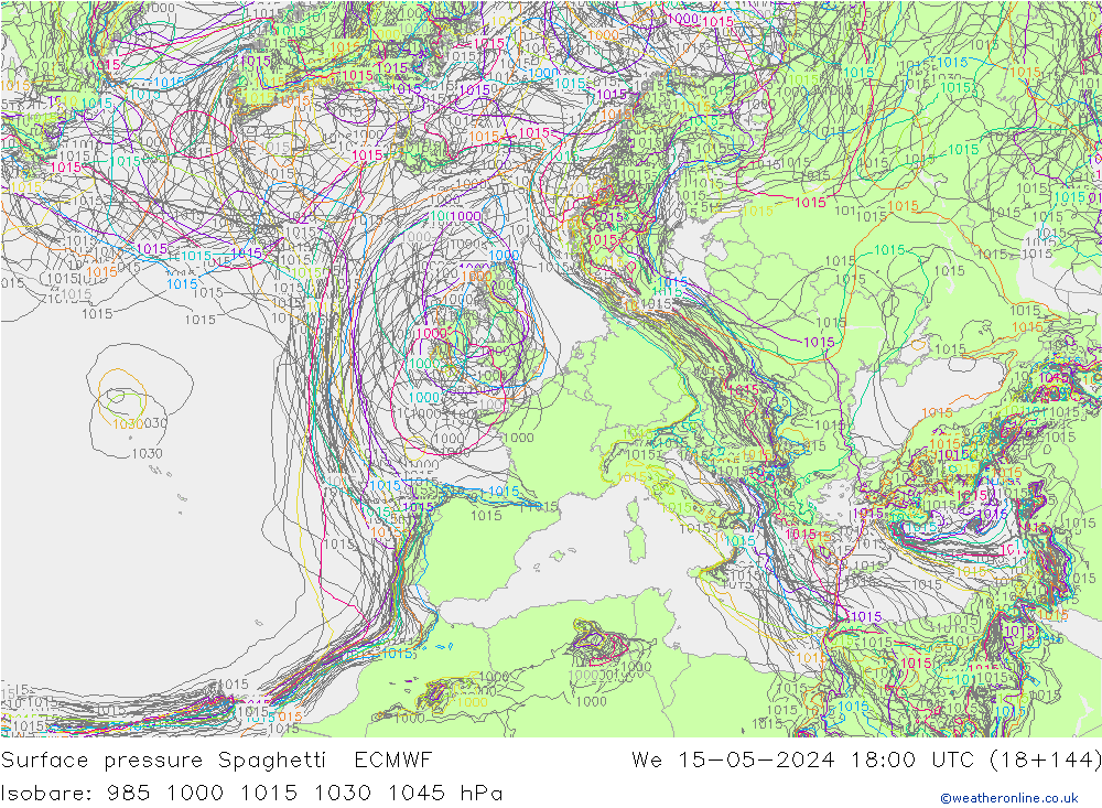 Bodendruck Spaghetti ECMWF Mi 15.05.2024 18 UTC