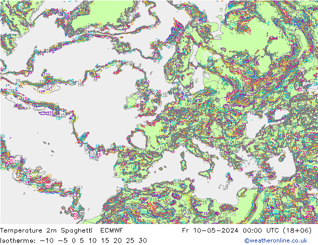 Temperatura 2m Spaghetti ECMWF vie 10.05.2024 00 UTC