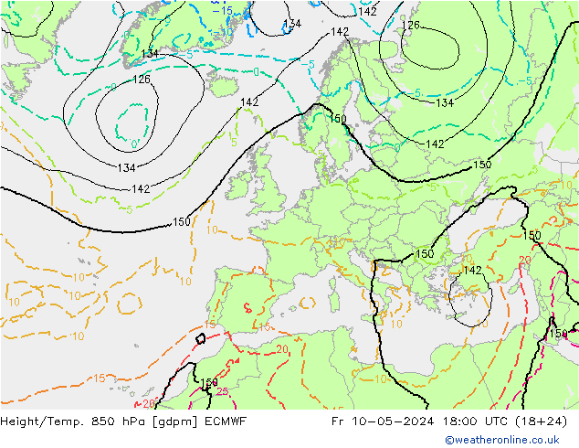 Hoogte/Temp. 850 hPa ECMWF vr 10.05.2024 18 UTC