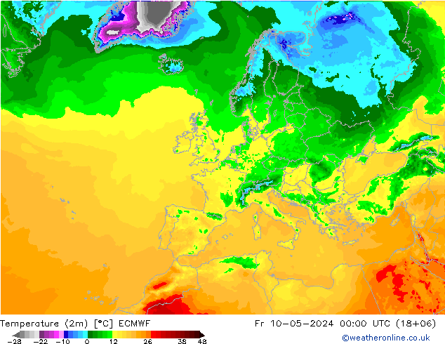 Temperatuurkaart (2m) ECMWF vr 10.05.2024 00 UTC