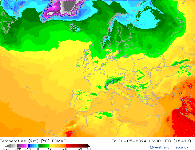 Temperatuurkaart (2m) ECMWF vr 10.05.2024 06 UTC