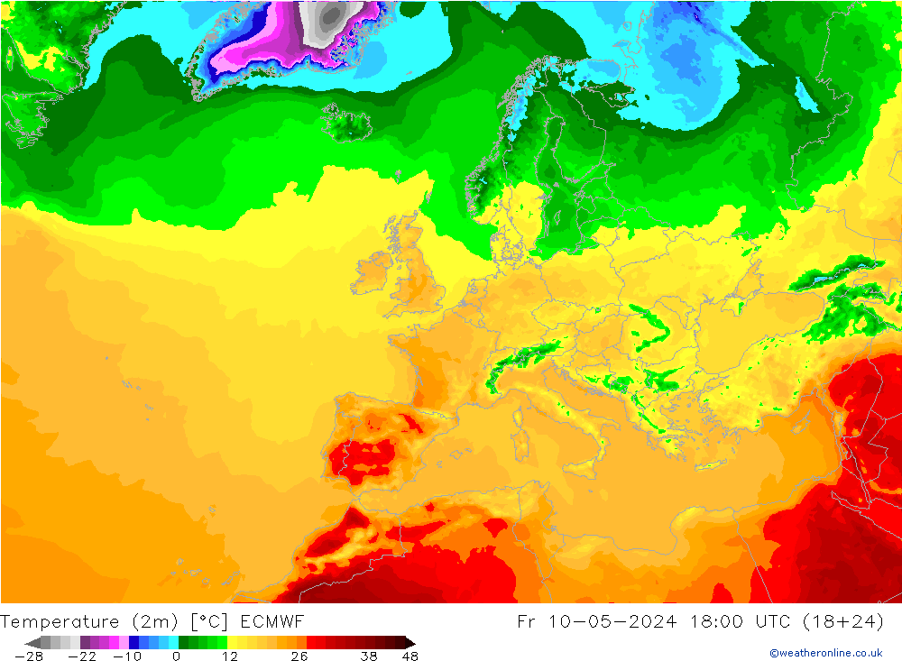 Temperaturkarte (2m) ECMWF Fr 10.05.2024 18 UTC