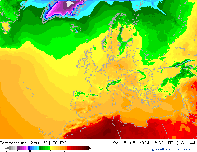 mapa temperatury (2m) ECMWF śro. 15.05.2024 18 UTC