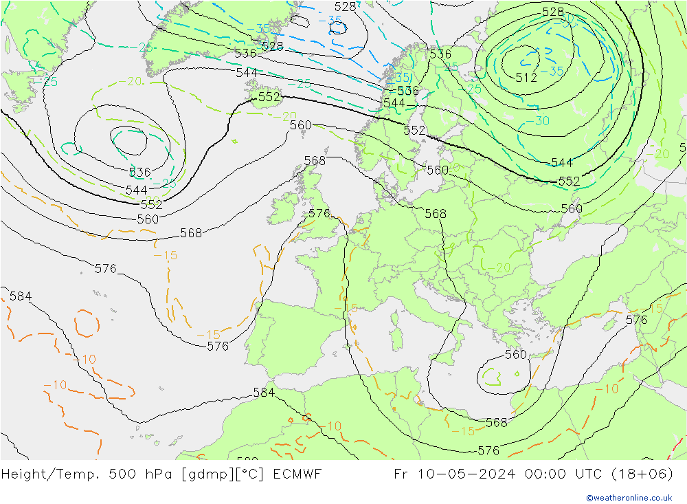 Hoogte/Temp. 500 hPa ECMWF vr 10.05.2024 00 UTC