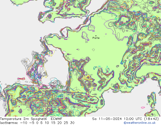 Temperature 2m Spaghetti ECMWF Sa 11.05.2024 12 UTC