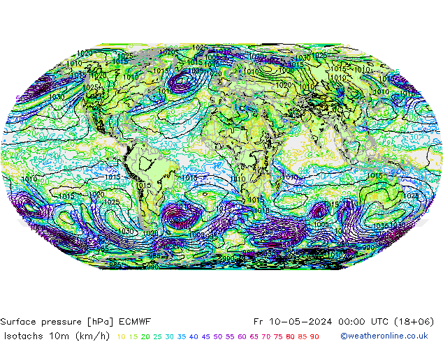 Isotachs (kph) ECMWF ven 10.05.2024 00 UTC