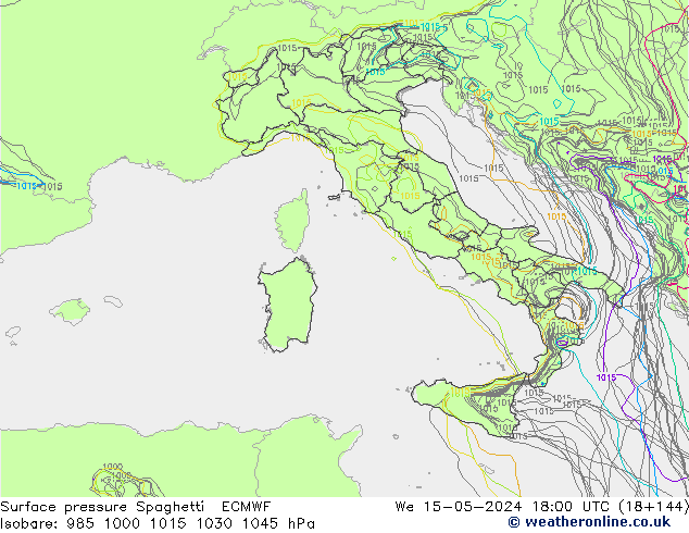 Pressione al suolo Spaghetti ECMWF mer 15.05.2024 18 UTC