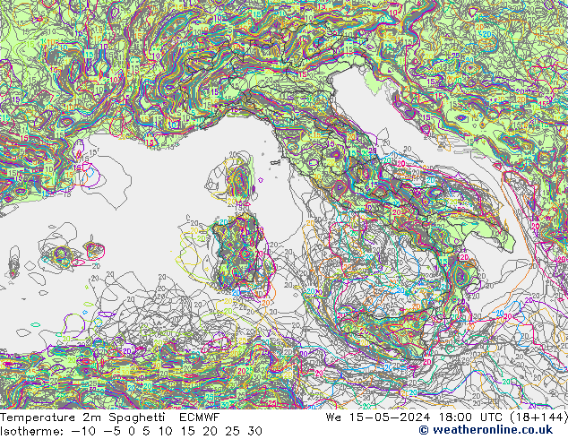 Temperatura 2m Spaghetti ECMWF mer 15.05.2024 18 UTC