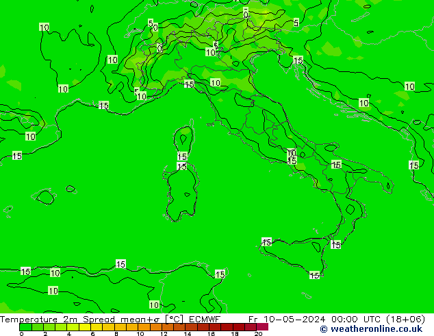 Temperaturkarte Spread ECMWF Fr 10.05.2024 00 UTC