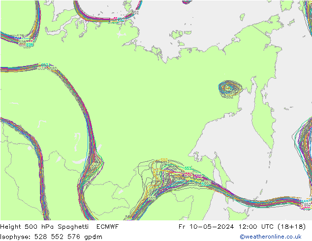 Height 500 hPa Spaghetti ECMWF Sex 10.05.2024 12 UTC