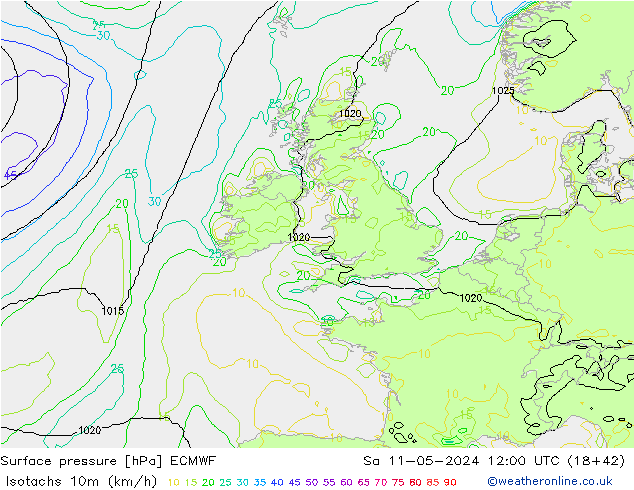 Isotachs (kph) ECMWF Sa 11.05.2024 12 UTC
