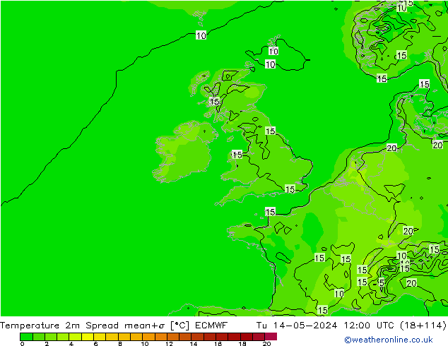 mapa temperatury 2m Spread ECMWF wto. 14.05.2024 12 UTC