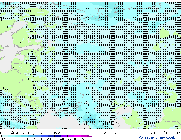 Totale neerslag (6h) ECMWF wo 15.05.2024 18 UTC