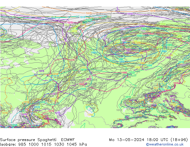 pressão do solo Spaghetti ECMWF Seg 13.05.2024 18 UTC