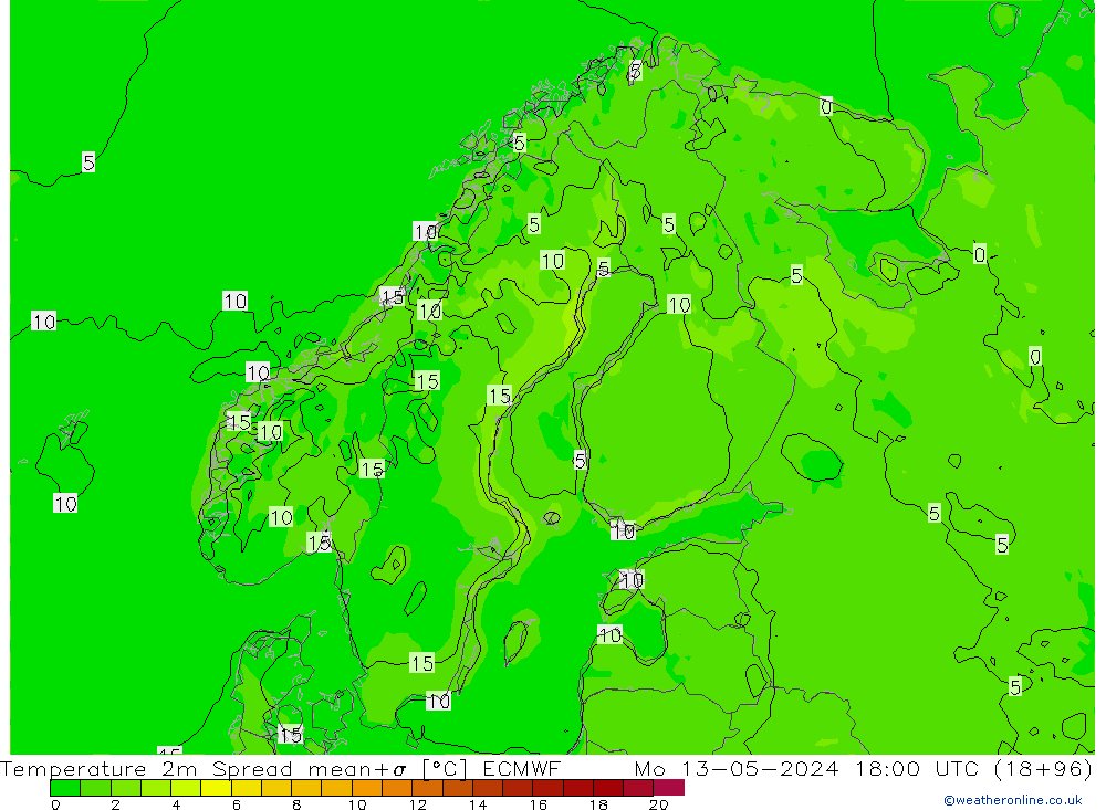 Temperature 2m Spread ECMWF Mo 13.05.2024 18 UTC