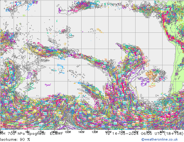 RH 700 hPa Spaghetti ECMWF wto. 14.05.2024 06 UTC