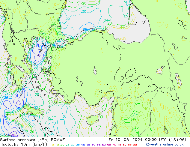 Isotachen (km/h) ECMWF vr 10.05.2024 00 UTC