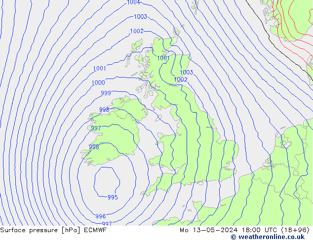 pressão do solo ECMWF Seg 13.05.2024 18 UTC