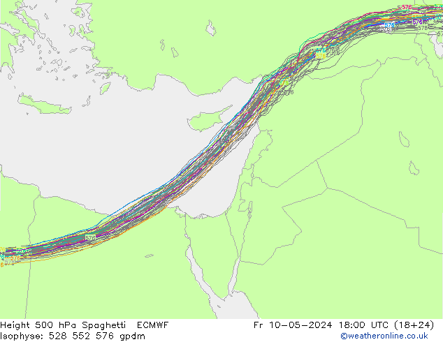 Height 500 hPa Spaghetti ECMWF Fr 10.05.2024 18 UTC