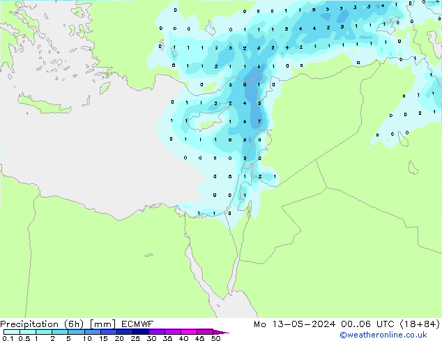 Totale neerslag (6h) ECMWF ma 13.05.2024 06 UTC