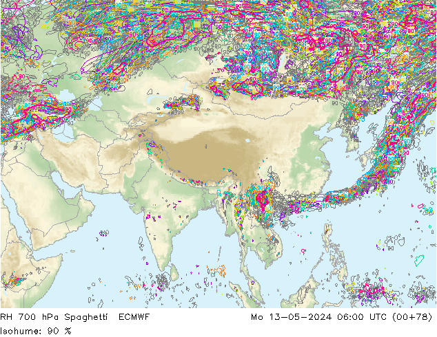 RH 700 гПа Spaghetti ECMWF пн 13.05.2024 06 UTC