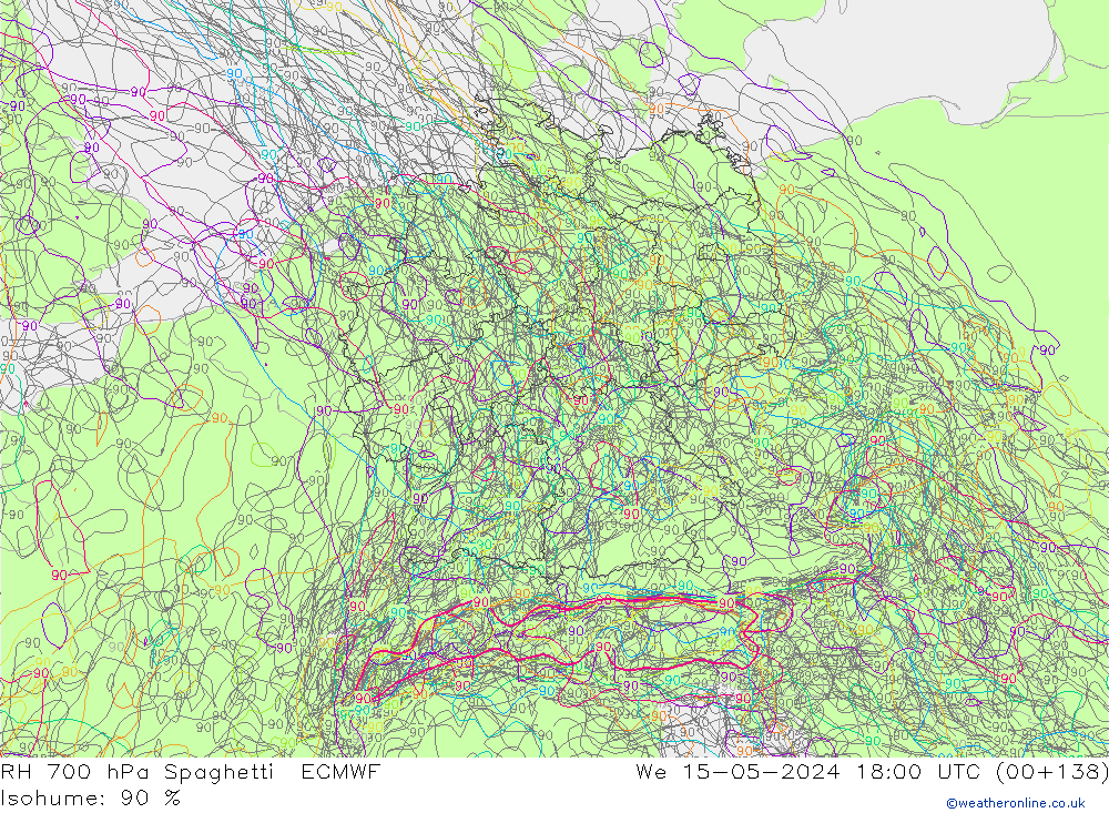 RH 700 hPa Spaghetti ECMWF We 15.05.2024 18 UTC