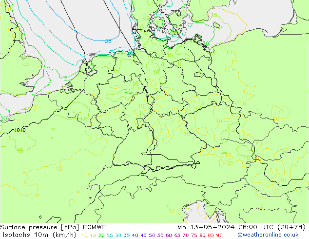 Isotachs (kph) ECMWF  13.05.2024 06 UTC