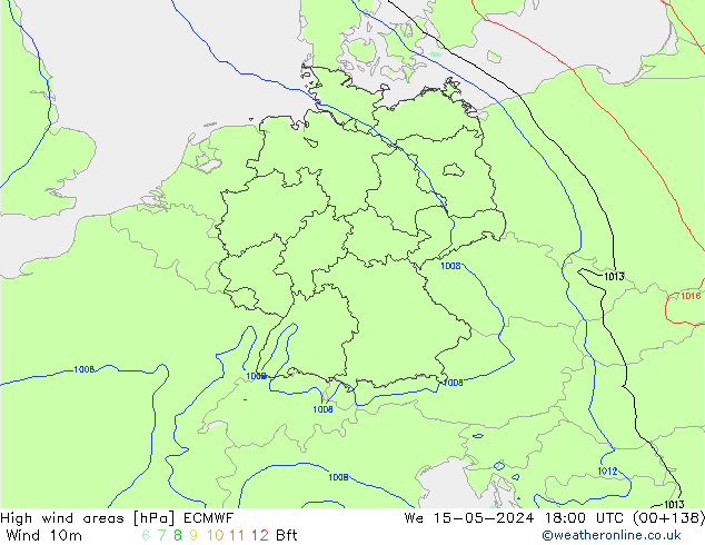 High wind areas ECMWF mié 15.05.2024 18 UTC