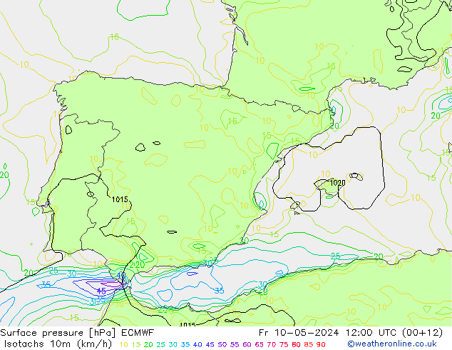Isotachs (kph) ECMWF Pá 10.05.2024 12 UTC