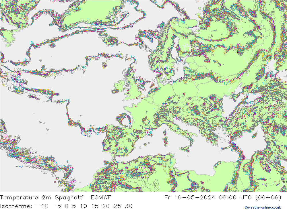 Temperatura 2m Spaghetti ECMWF ven 10.05.2024 06 UTC