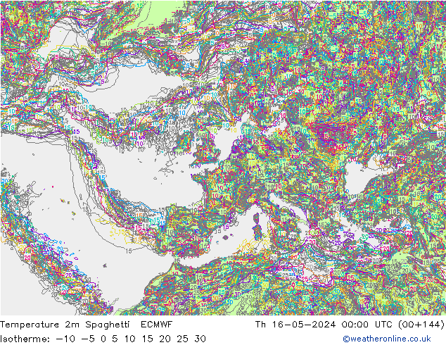 Temperature 2m Spaghetti ECMWF Th 16.05.2024 00 UTC