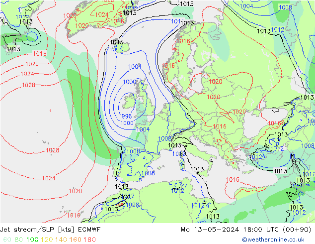 Polarjet/Bodendruck ECMWF Mo 13.05.2024 18 UTC