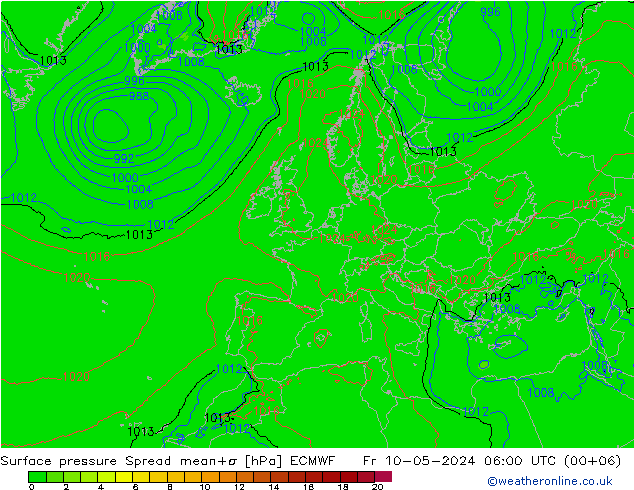 Surface pressure Spread ECMWF Fr 10.05.2024 06 UTC