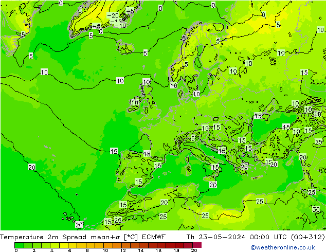 Temperaturkarte Spread ECMWF Do 23.05.2024 00 UTC